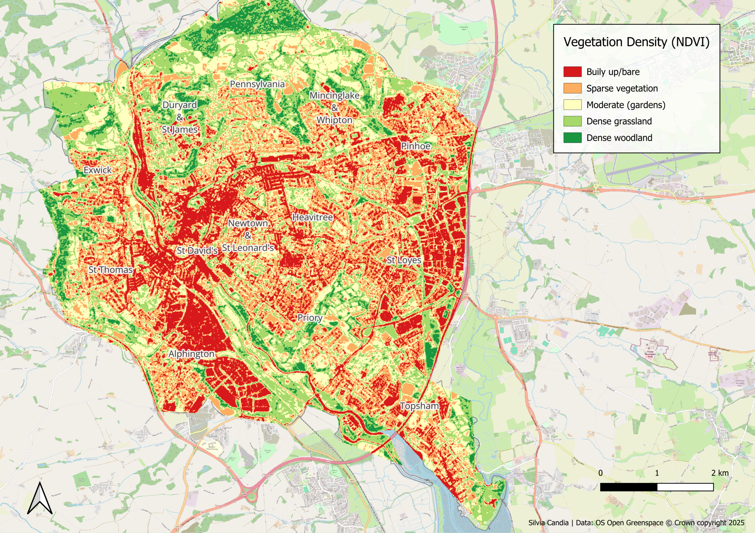 NDVI vegetation index map of Exeter