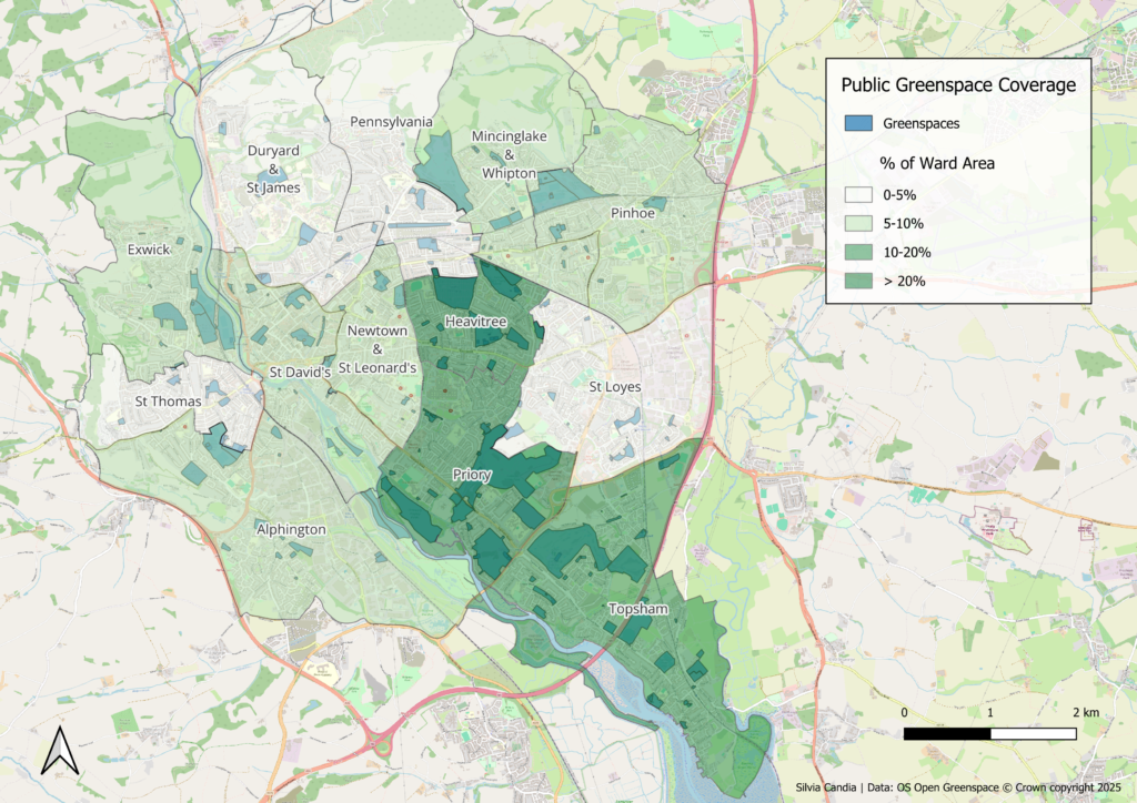 Exeter biodiversity and green space ward-level map